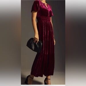 Anthropologie Somerset Velvet Maxi Dress Tiered Short Sleeve x-small petite.